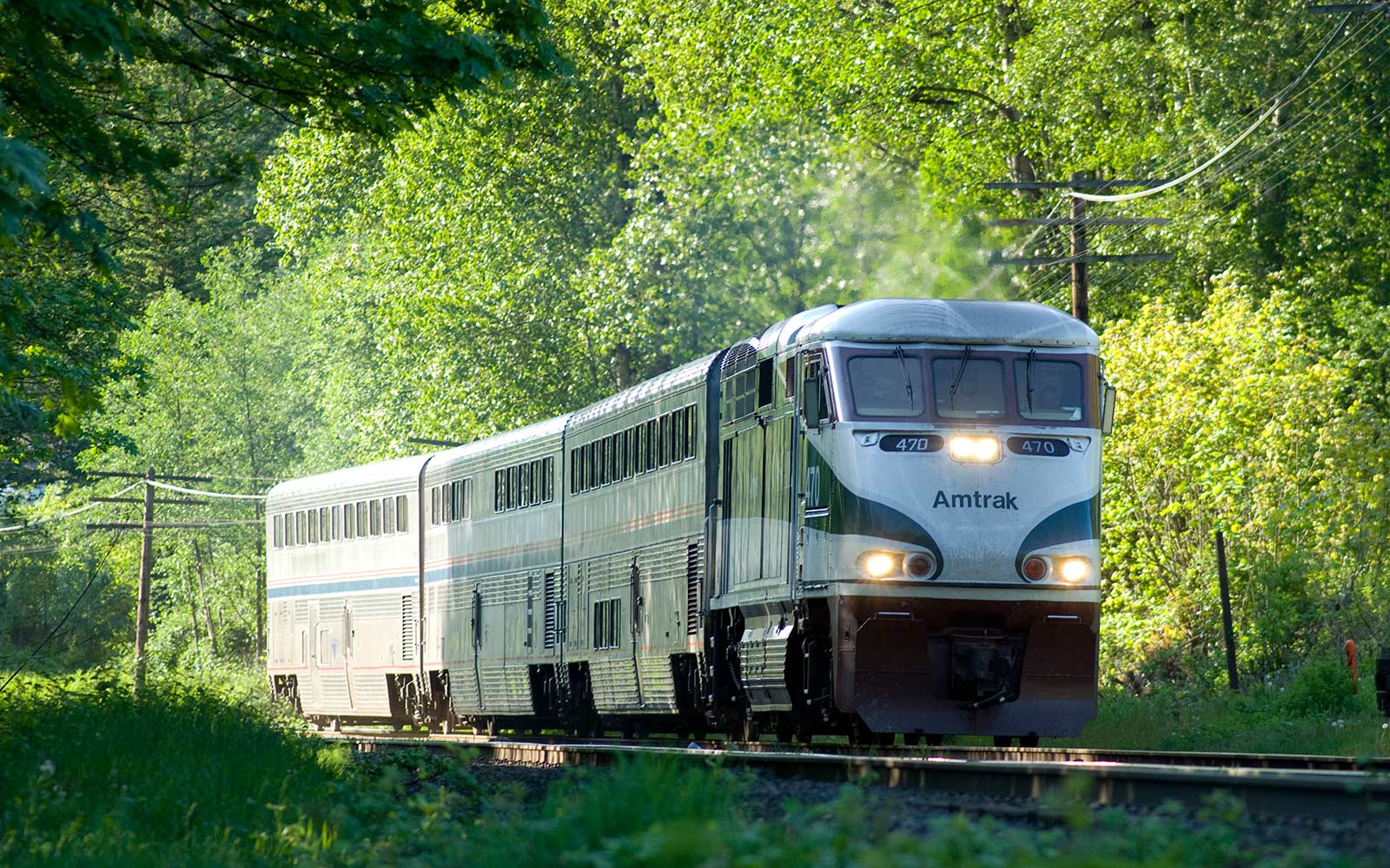 Southbound Amtrak Cascades in Burnaby, BC heading south towards Seattle, Washington.