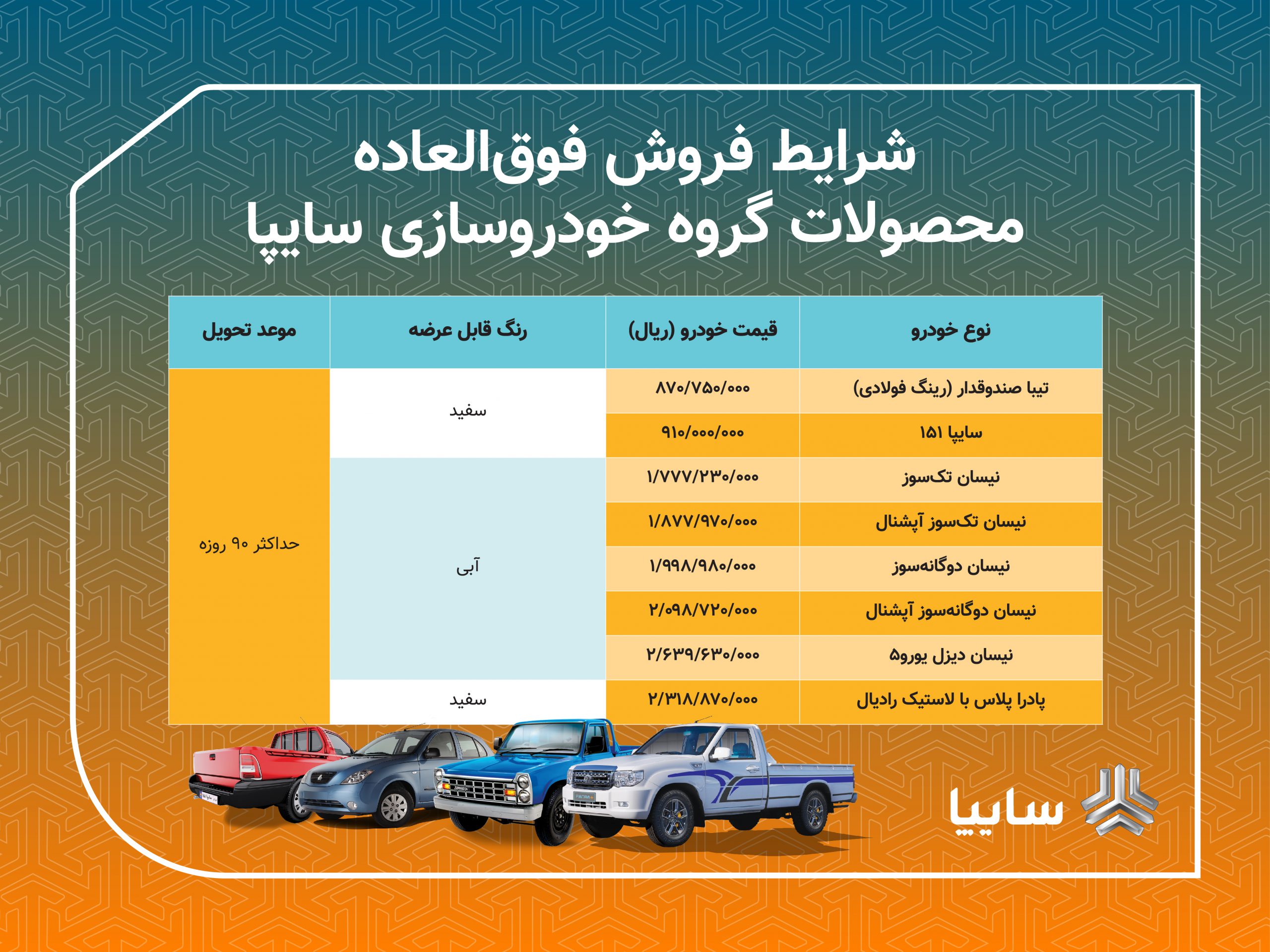 آغاز فروش فوق العاده 8 محصول سایپا از امروز خودروها 90 روزه تحويل