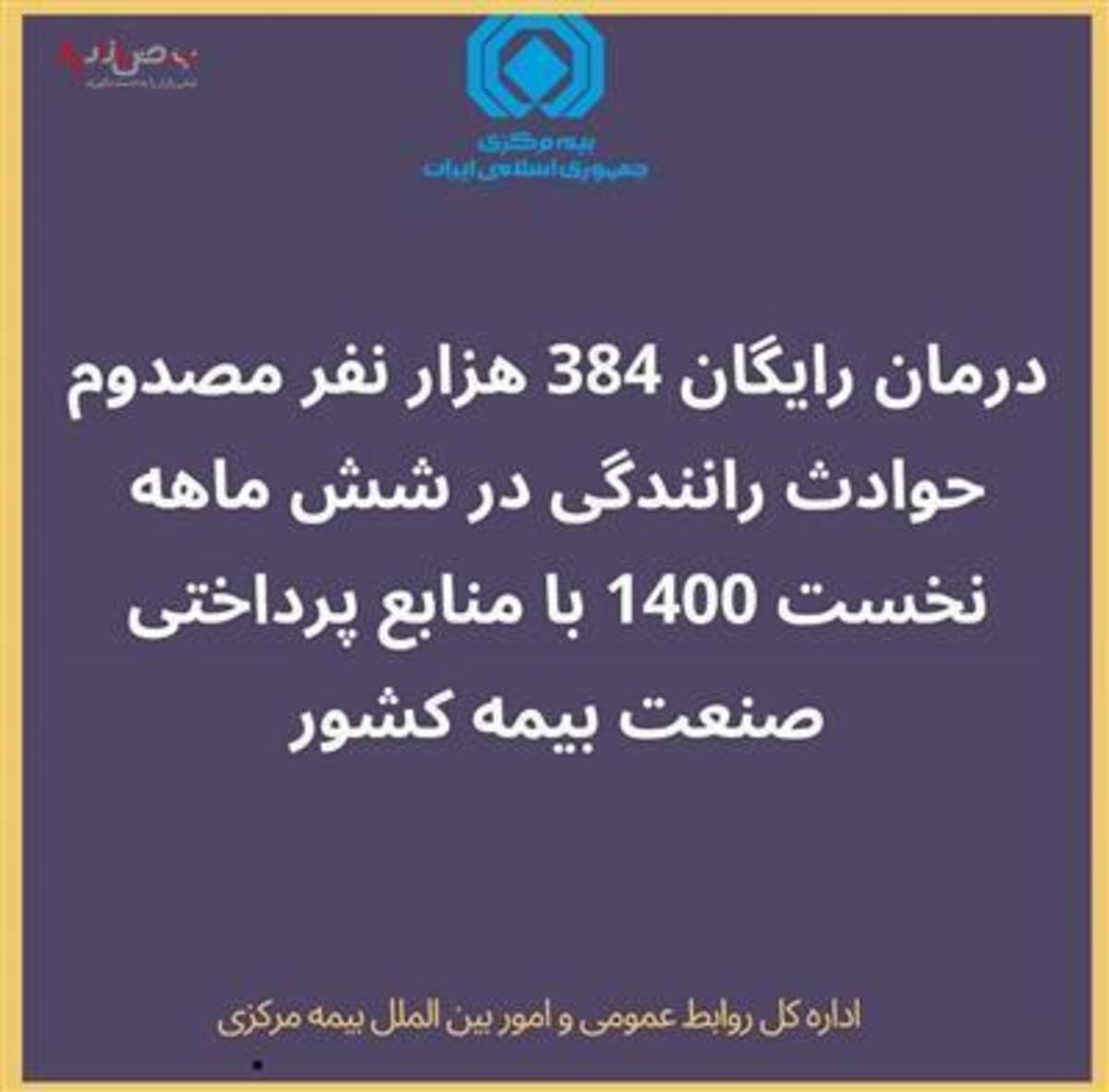 درمان رایگان ۳۸۴ هزار نفر مصدوم حوادث رانندگی در شش ماهه نخست ۱۴۰۰ با منابع پرداختی صنعت بیمه کشور