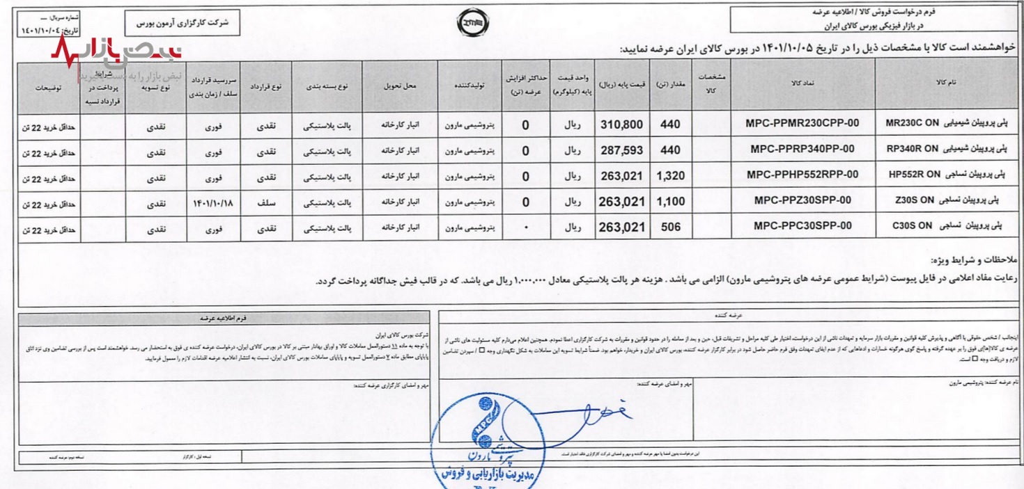 عرضه محصولات پتروشیمی مارون در بورس کالای ایران
