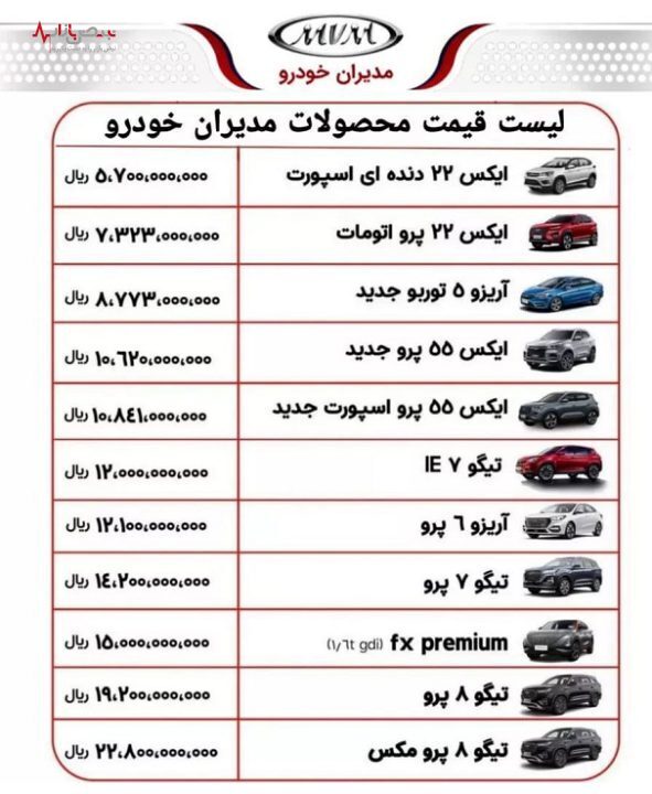 قیمت خودرو‌های مدیران خودرو امروز +جدول