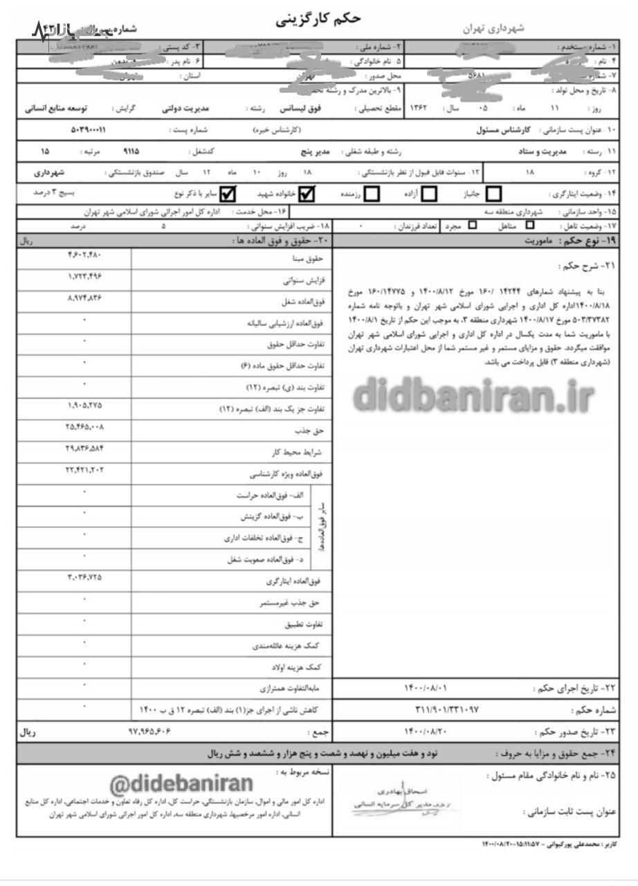 فیش حقوق ۳۰ میلیونی کارمندشورای شهر که در مرخصی زایمان بوده! +سند