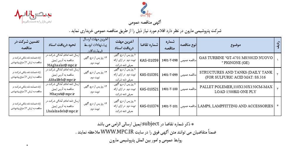 آگهي مناقصه عمومي پتروشیمی مارون