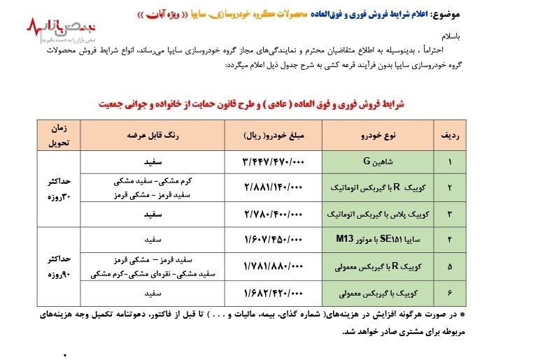 فروش ویژه سایپا از امروز چهارشنبه ۱۱ آبان ساعت ۱۱ آغاز می‌شود + قیمت و جدول فروش