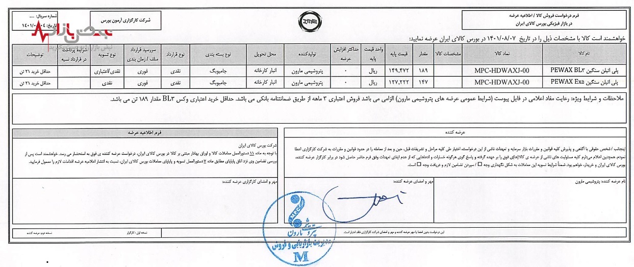 کارگزاری آرمون بورس عرضه محصولات در بورس کالای ایران مورخ ۱۴۰۱-۰۸-۰۷