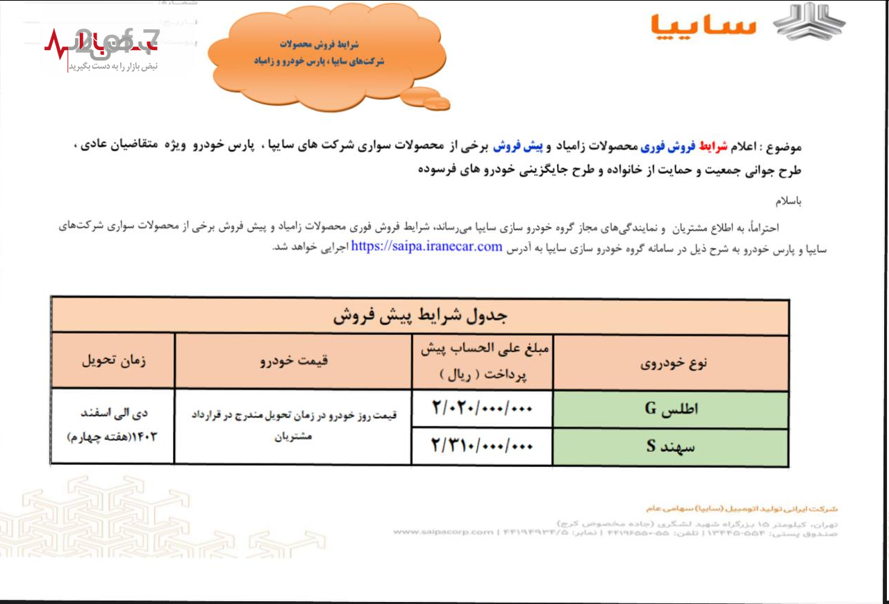 فوری/شرایط فروش محصولات سایپا اعلام شد/بخشنامه فروش سایپا سهند S و اطلس G