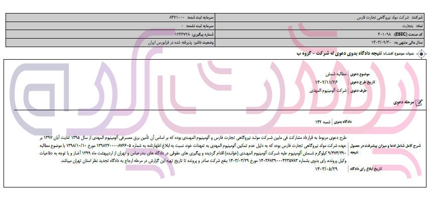 شکایت نیروگاه تجارت فارس از آلومینیوم المهدی به کجا رسید؟