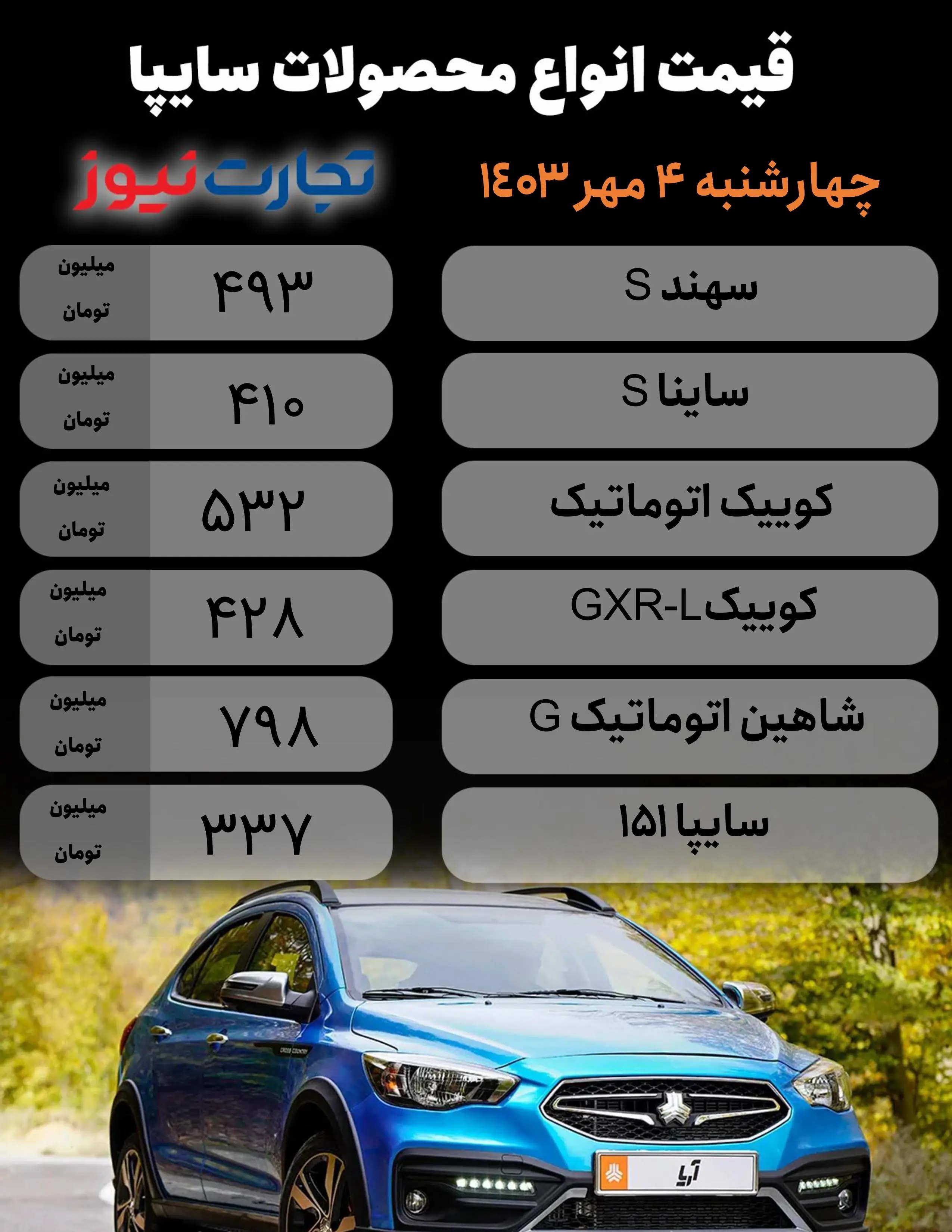 کوییک GXR L چند؟ / قیمت خودروهای سایپا امروز ۴ مهر ۱۴۰۳ + جدول