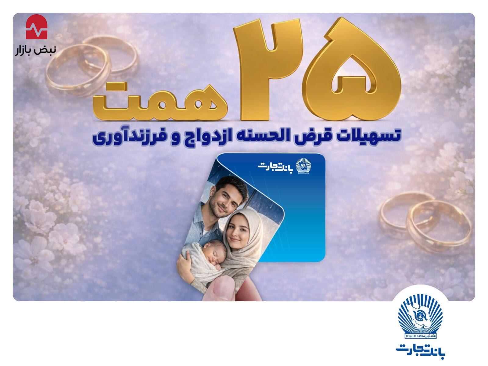 تسهیلات ازدواج و فرزندآوری بانک تجارت بالغ بر ۲۵ همت شد
