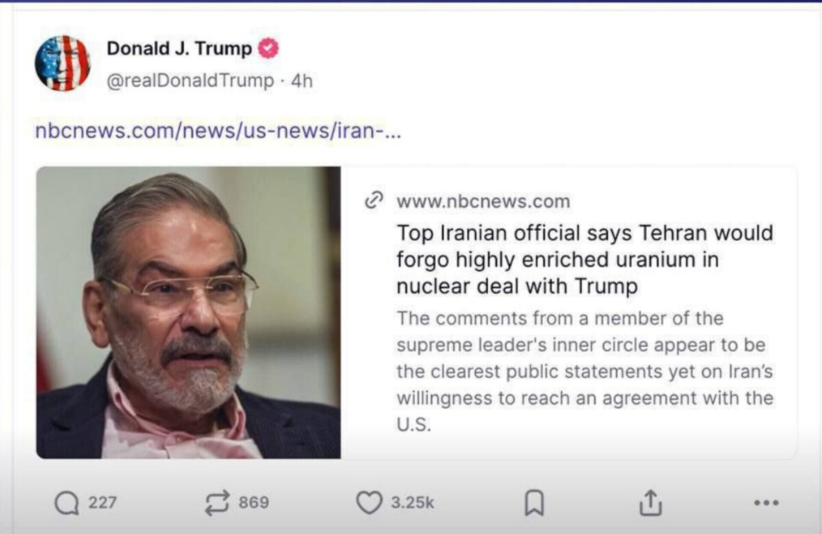 عکس/ ترامپ مصاحبه شمخانى را بازنشر کرد