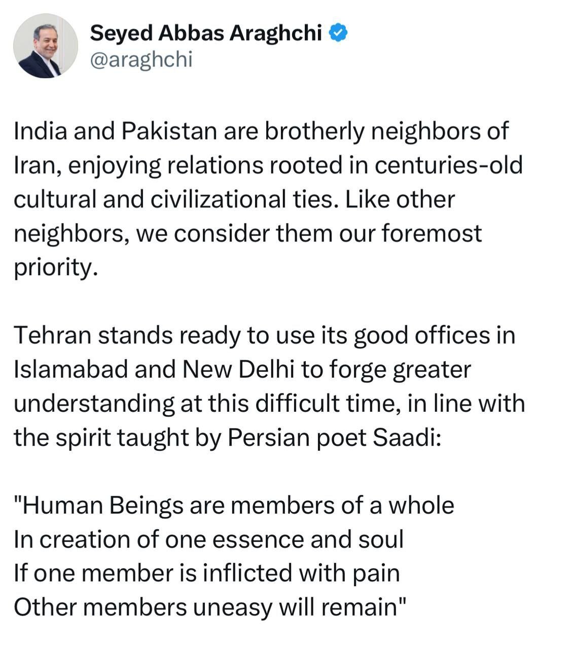 عراقچی: ایران آماده میانجی‌گری میان هند و پاکستان است