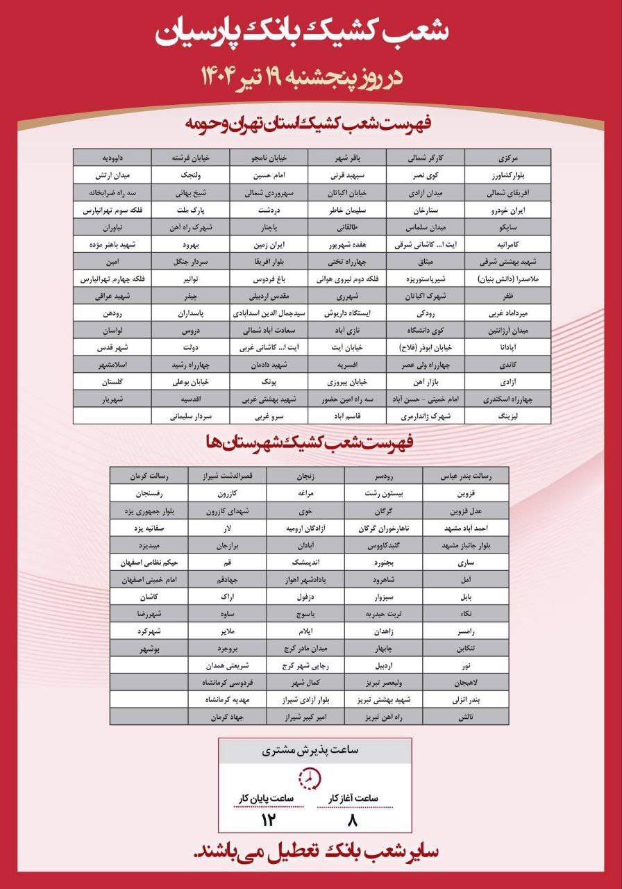 فهرست شعب کشیک بانک پارسیان در روز پنجشنبه ۱۹ تیر