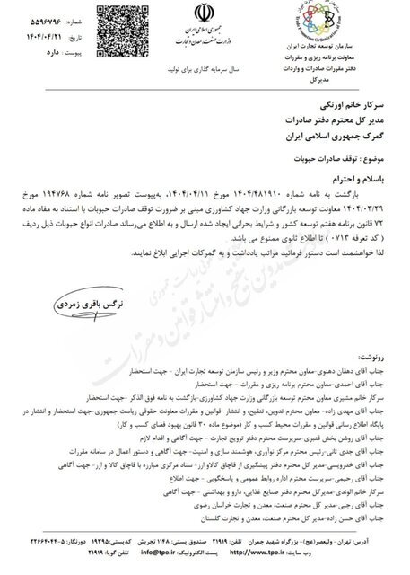  صادرات حبوبات ممنوع شد