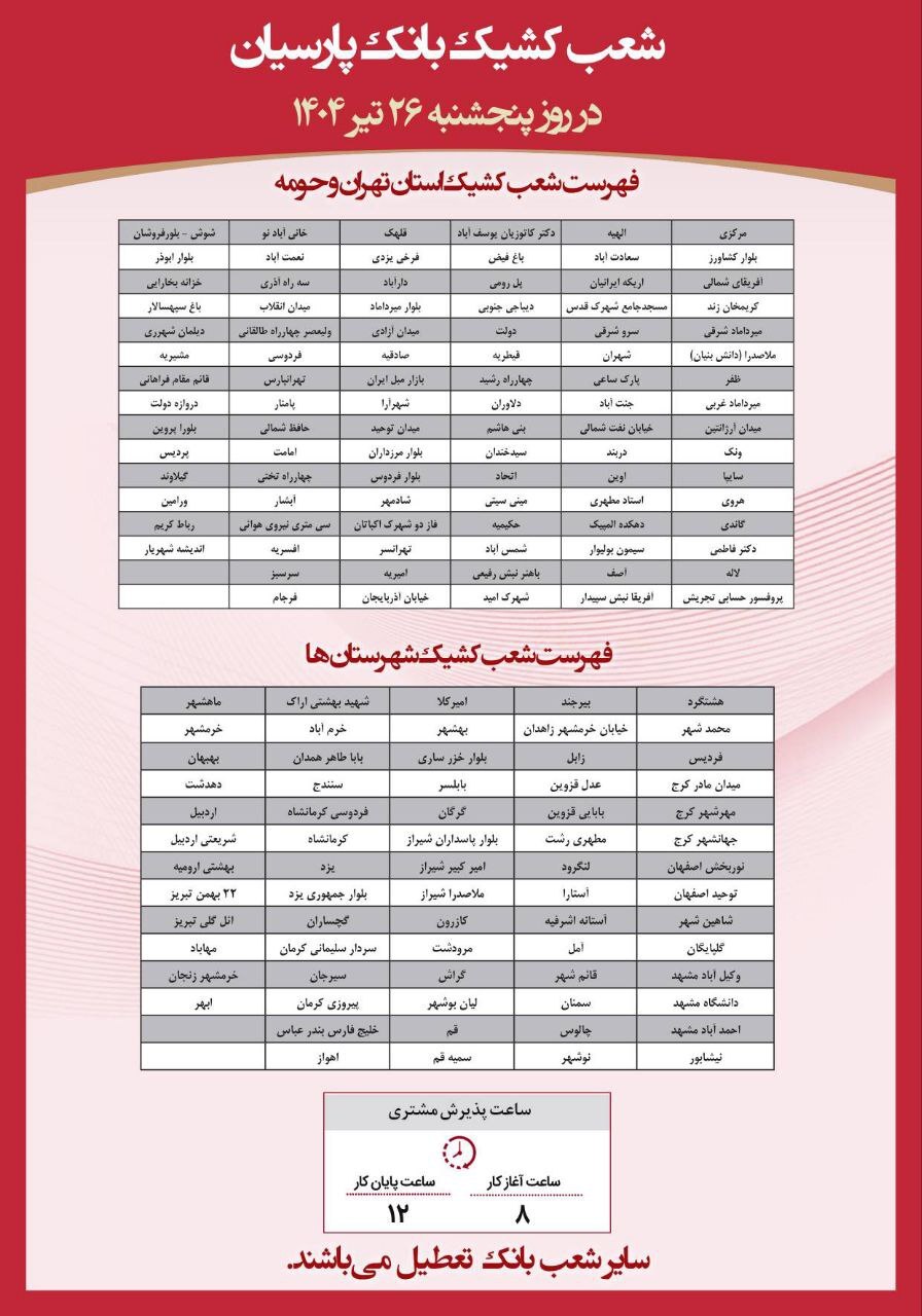 فهرست شعب کشیک بانک پارسیان در روز پنجشنبه ۲۶ تیر