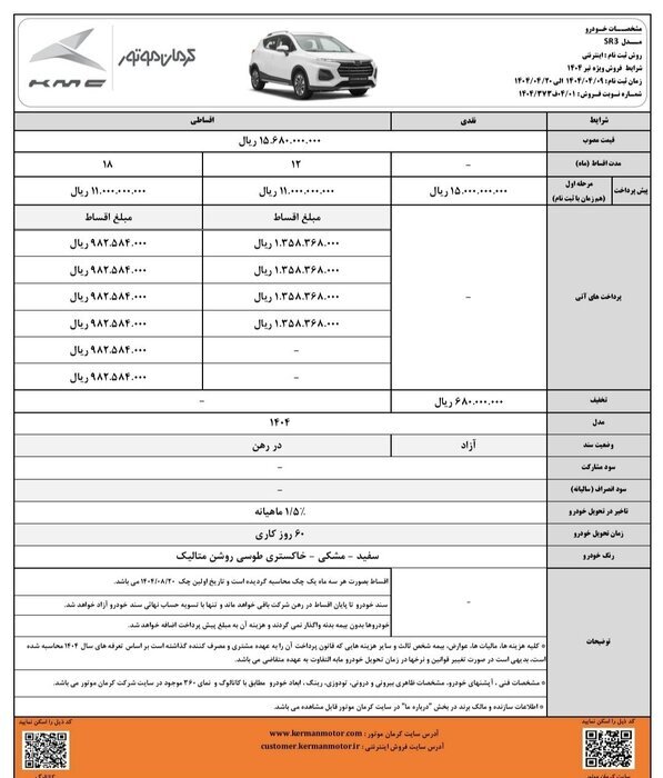 فروش ویژه KMC SR۳: جدیدترین محصول کرمان موتور با شرایط نقد و اقساط