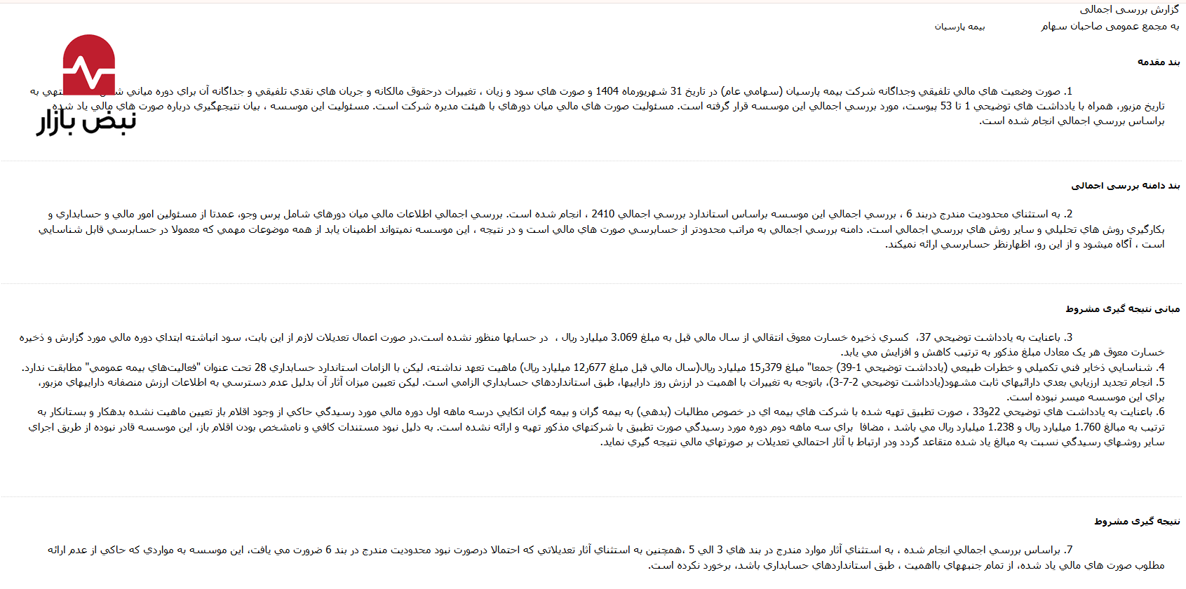 کسری ۳ هزار میلیاردی ذخایر در «بیمه پارسیان»؛ سود انباشته زیر تیغ حسابرس کسری ۳ هزار میلیاردی ذخایر در «بیمه پارسیان»؛ سود انباشته زیر تیغ حسابرس