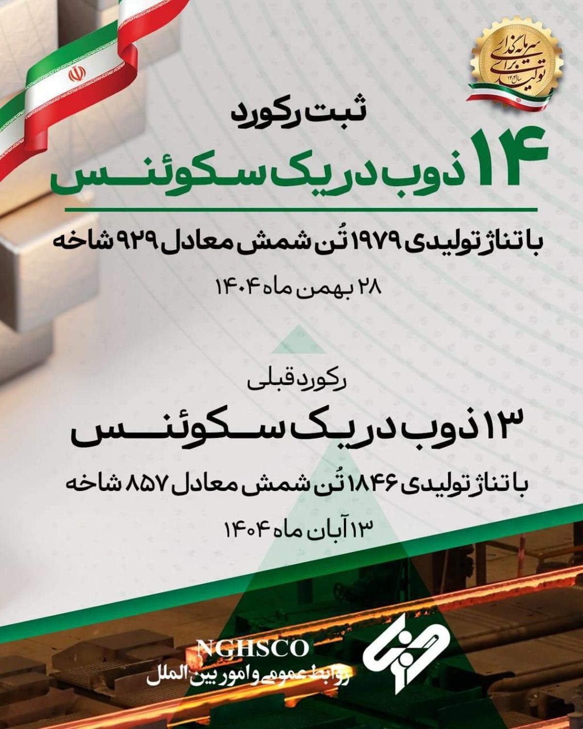 ثبت رکوردی جدید در واحد فولادسازی غدیر نی ریز