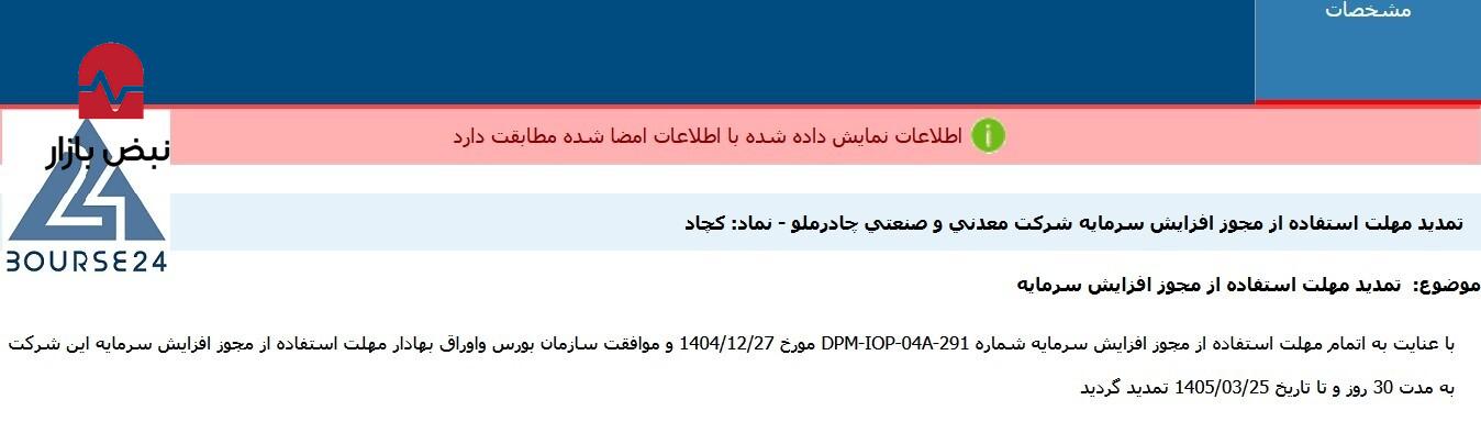 مهلت استفاده از مجوز افزایش سرمایه «کچاد» تمدید شد