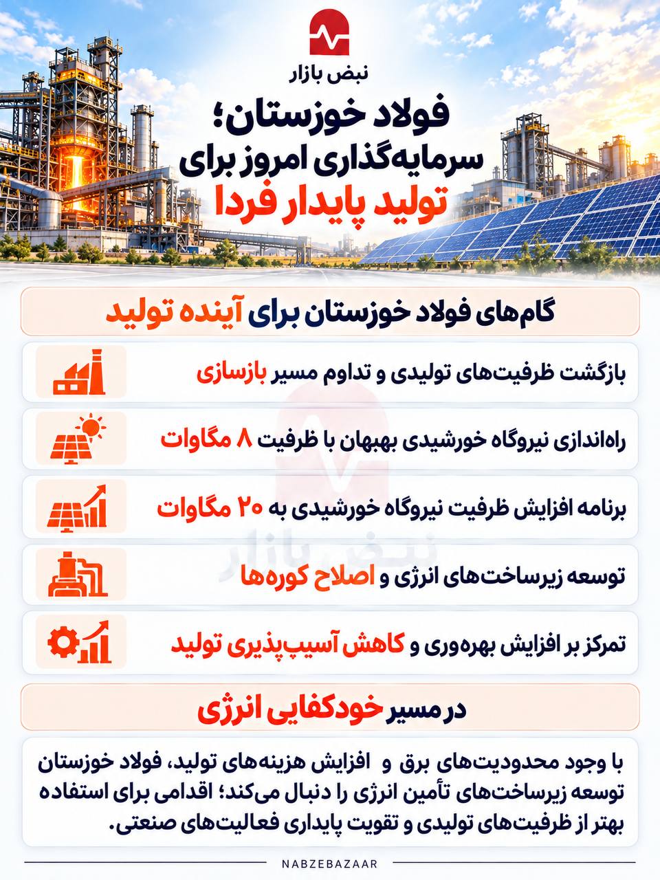 فولاد خوزستان؛ عبور از محدودیت انرژی با توسعه زیرساختها و تقویت تولید + اینفوگرافی فولاد خوزستان؛ عبور از محدودیت انرژی با توسعه زیرساختها و تقویت تولید + اینفوگرافی